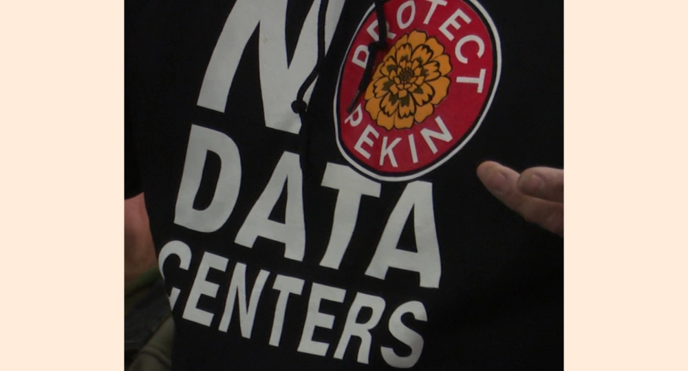 Close up of a shirt reading "Protect Pekin: No Data Centers"